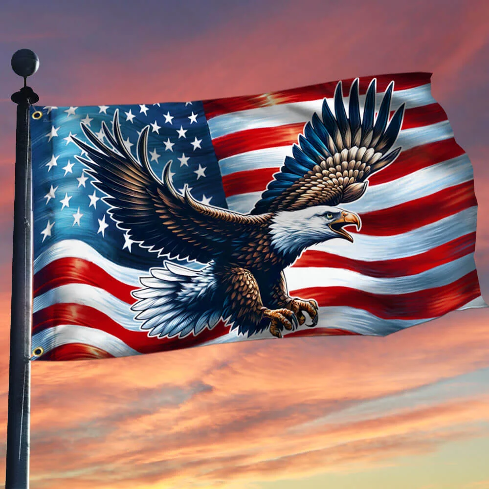 Bald eagle soaring in front of a waving American flag against a sunset sky
