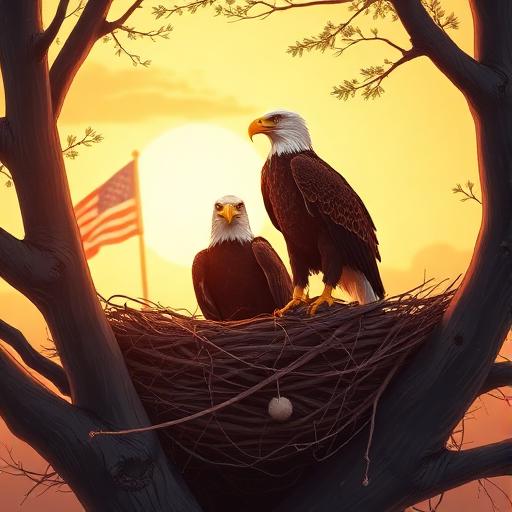 Pair of bald eagles in a nest at sunrise