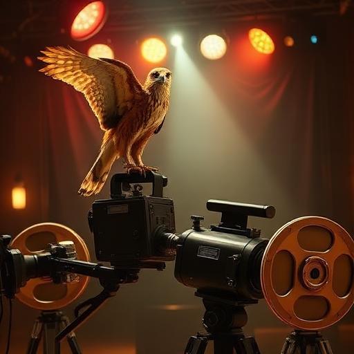 Red-tailed hawk on a vintage Hollywood film camera