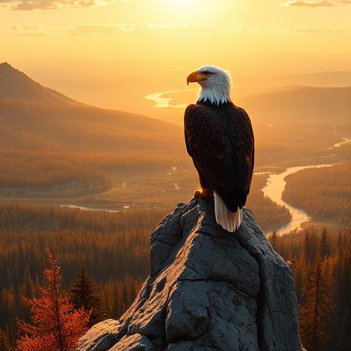Bald eagle perched above a vast North American wilderness