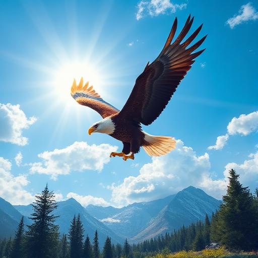 Bald eagle rising into bright sunlight after a storm
