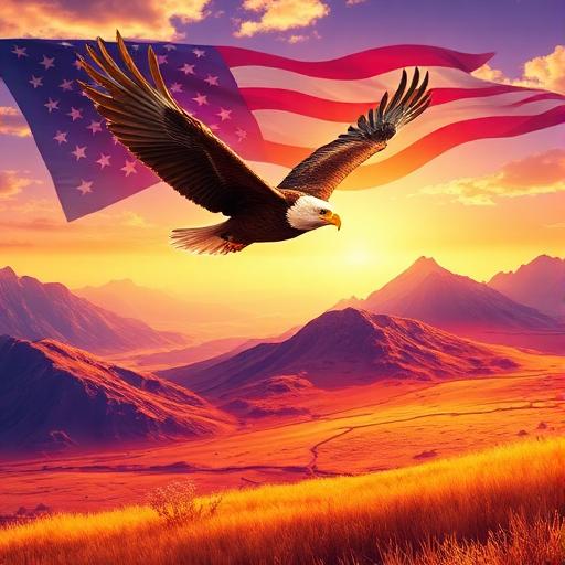 Bald eagle soaring over American mountains with a waving flag