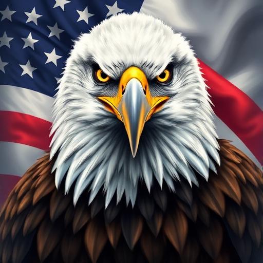 Powerful bald eagle portrait in front of the American flag