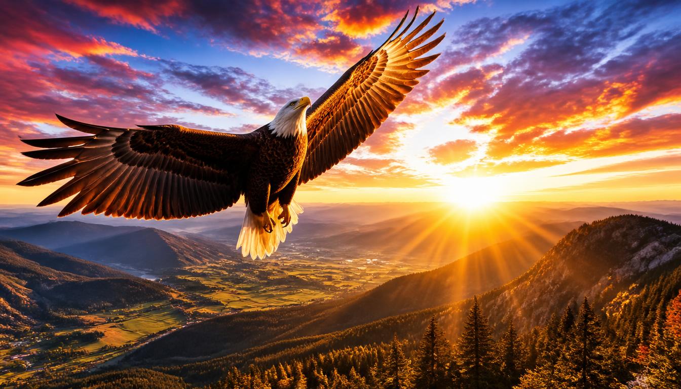 Bald eagle soaring toward a bright sunrise over the American landscape, symbolizing hope and a brighter future