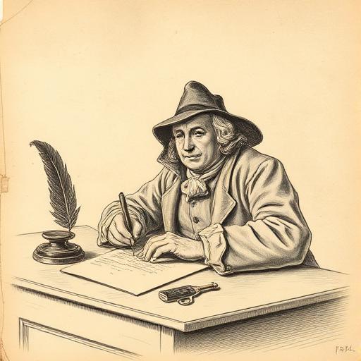 Engraving of Benjamin Franklin writing a letter in 1784
