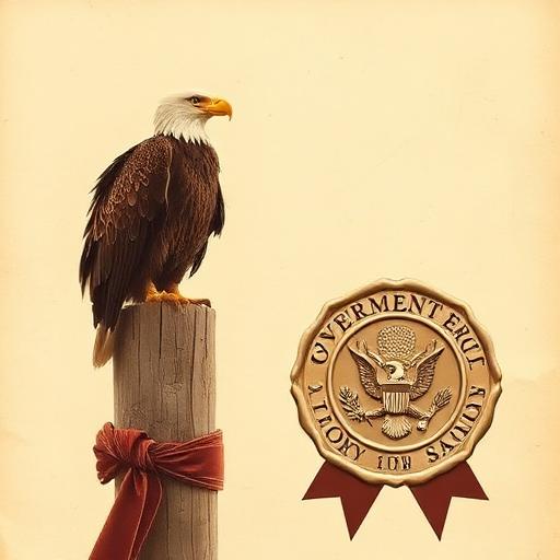 Vintage photo of a bald eagle beside an official government seal