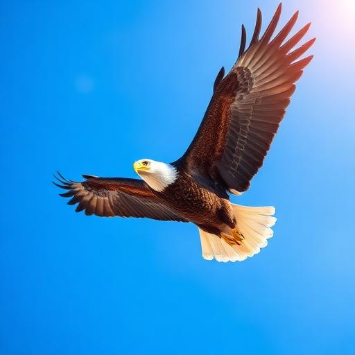 Bald eagle soaring against a bright blue sky