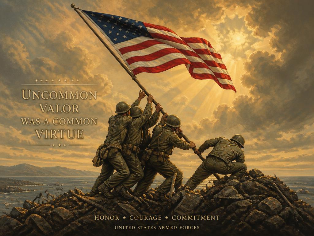 American soldiers raising the United States flag on a rocky hilltop during World War II